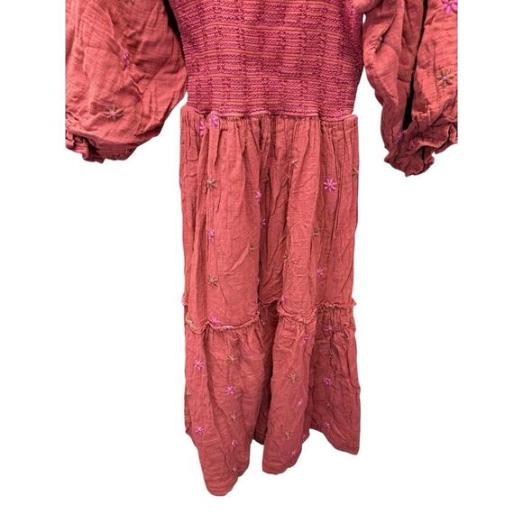 Free People Dahlia Embroidered Maxi Dress XS Rust Coral Smocked Boho Cotton - Picture 5 of 14